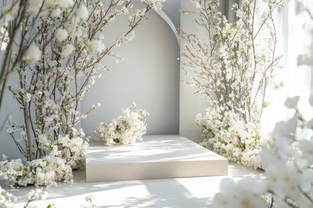 Elegant spring podium placed among blooming white flowers, creating a fresh and natural setup ideal for product displays and celebrations.の素材