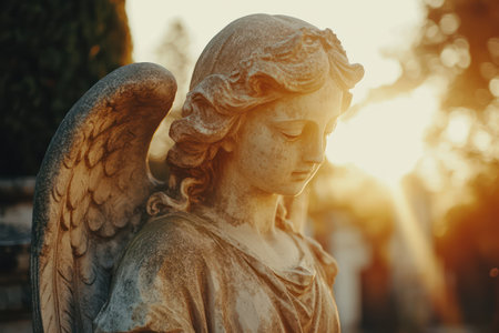 A graceful stone angel statue in a graveyard bathed in sunlight, evoking serenity, spirituality, and remembrance in a peaceful cemetery setting.の素材