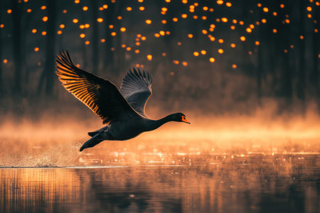 Graceful black swan moves smoothly across a still lake, symbolizing beauty, mystery, and nature elegance.の素材