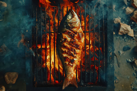 Overhead view of grilled fish cooking on barbecue, capturing a mouthwatering and indulgent seafood experience.の素材