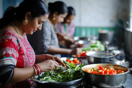 Happy family members chopping vegetables together while preparing a homemade curry meal in a bright kitchen, promoting bonding and healthy eating.の素材