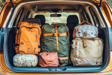 Luggage and travel bags are neatly packed in a car trunk, all set for an exciting holiday road trip and vacation adventure.の素材
