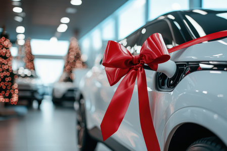 Sleek electric car displayed in a modern showroom with a giant red bow, ideal for sales promotion or gift concept.の素材