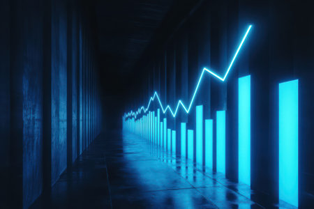 Glowing blue bar chart with upward arrow on dark background, symbolizing business growth, progress and financial success.の素材