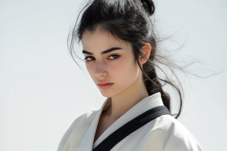 Martial artist wearing black belt and keikogi, posing on white background, representing tradition, discipline, and athletic excellence.の素材