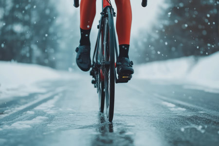 Close-up of a cyclist's wheel during a fast-paced road race, representing fitness, speed, recreation, and competitive cycling lifestyle.の素材