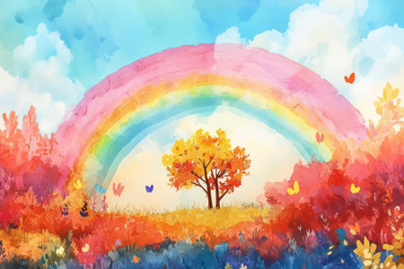 Stunning rainbow stretching across the sky after rain, symbolizing hope, peace, and the calm after the storm.の素材