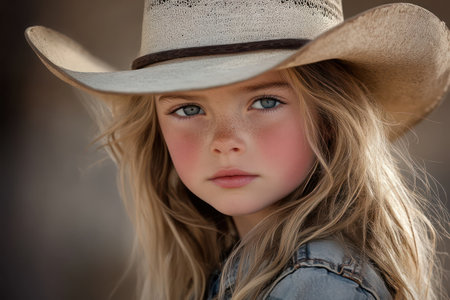 Cheerful girl in western-style cowboy hat smiling confidently, capturing playful fashion, childhood charm, and personality.の素材