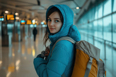 Smiling tourist woman in blue jacket standing at airport, ready to embark on travel adventure, symbolizing freedom, exploration, and joy.の素材