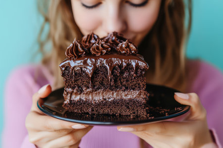 Happy woman takes a bite of rich chocolate cake, capturing indulgence, dessert enjoyment, and sweet moments of satisfaction.の素材