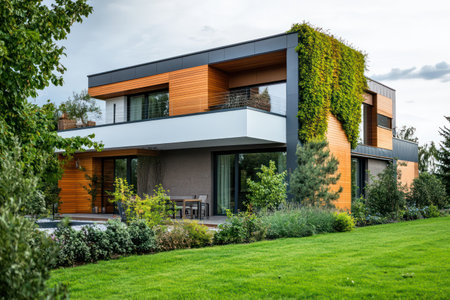 Modern heat pump system installed on a house surrounded by greenery, representing eco-friendly heating and energy efficiency.の素材
