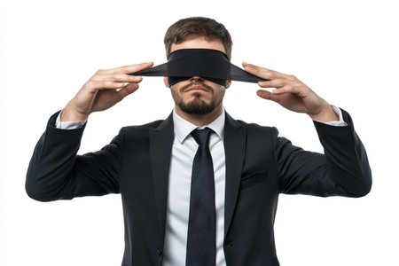Businessman with a blindfold symbolizing confusion, lack of direction, or navigating decisions without full awareness.の素材