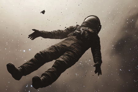 Lone astronaut drifting through cosmic space among dust and stars, capturing isolation, exploration, and the vast mystery of the universe.の素材