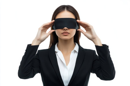 Corporate woman wears a blindfold, symbolizing lack of awareness, decision-making challenges, or metaphorical blindness in leadership.の素材