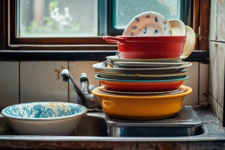 Pile of dirty dishes stacked in a kitchen sink, highlighting home chores, everyday life, cleaning duties, and domestic realism.の素材