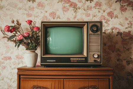 Retro television with green chroma key screen placed in a bright modern interior, ideal for creative media mockups and editing projects.の素材