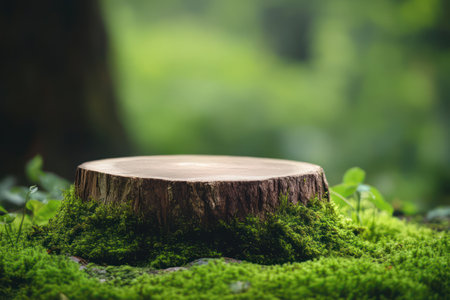Natural wood pedestal surrounded by soft moss and blurred green forest, ideal for product presentation with organic theme.の素材