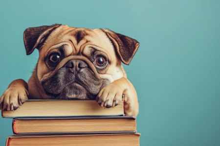 Amusing image of a dog resting on books with an uninterested expression, great for humor, study fatigue, or lazy mood.の素材