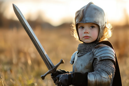 Young child in knight costume holds sword outdoors, showcasing fantasy play, bravery, and imaginative medieval roleplay.の素材