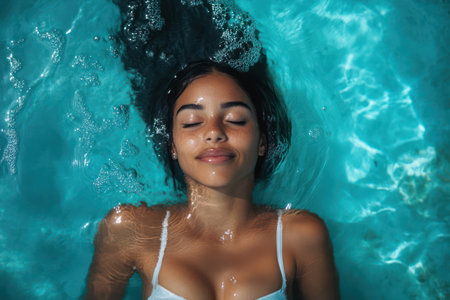 Serene woman floats in calm water, enjoying personal time and wellness in a soothing pool setting, symbolizing relaxation and balance.の素材