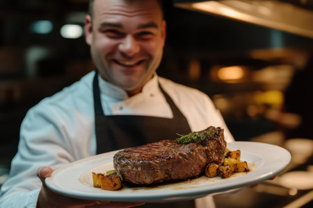 Chef proudly displays a juicy steak on a plate, showing culinary expertise, passion for cooking, and fine dining presentation.の素材