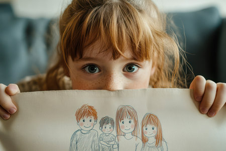 Cute child sitting on sofa holding artwork of family, peeking playfully indoor scene filled with joy, imagination, and innocence.の素材