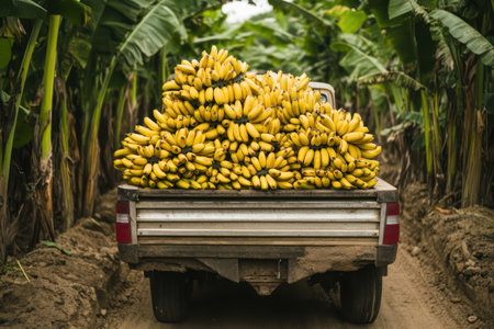 Close-up of a pickup truck bed stacked with ripe bananas, traveling through tropical banana plantation on dusty rural path.の素材