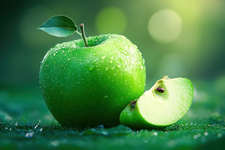 Fresh green apple with bite taken, on vibrant background concept of health, freshness, temptation, and nutrition.の素材