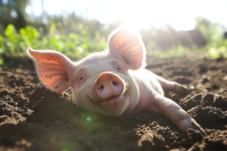 Cute piglet joyfully playing in the dirt under sunshine, capturing carefree farm life and natural rural happiness.の素材