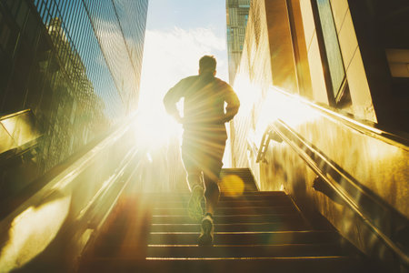 Focused male athlete sprinting up city stairs in sunlight, demonstrating power, determination, and an active lifestyle.の素材