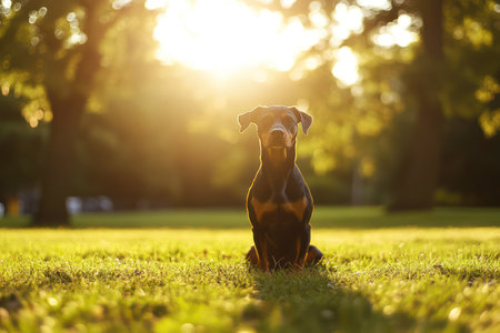 Doberman pinscher in elegant stance on sunlit grass, portraying strength, alertness, and breed confidence.の素材