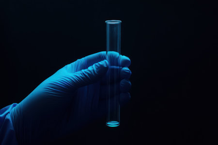 Extreme close-up of scientist gloved hand holding a blue liquid-filled test tube against a dark blue background, symbolizing research and innovation.の素材