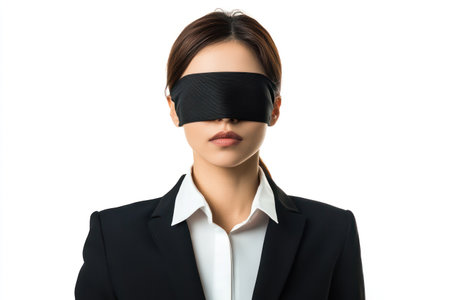 Corporate woman wears a blindfold, symbolizing lack of awareness, decision-making challenges, or metaphorical blindness in leadership.の素材