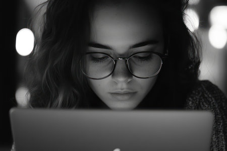 Focused woman in glasses types on laptop at home, symbolizing productivity, remote work, and digital lifestyle.の素材