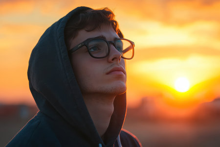 Pensive man in hoodie and glasses stands at sunset, evoking solitude, warmth, and modern street style.の素材
