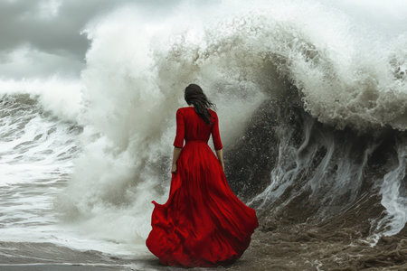 Close-up of a brave woman in a flowing red dress standing defiantly against a colossal storm wave under dramatic light.の素材