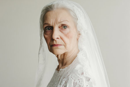 Graceful old woman in a white wedding dress and veil, symbolizing timeless beauty, elegance, and celebration.の素材