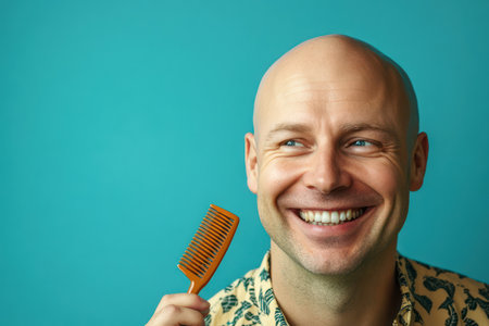 Amused bald man smiling while holding a comb, humorously embracing hair loss and aging with positivity and humor.の素材