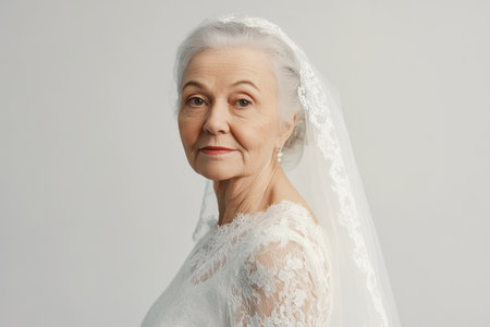 Graceful old woman in a white wedding dress and veil, symbolizing timeless beauty, elegance, and celebration.の素材