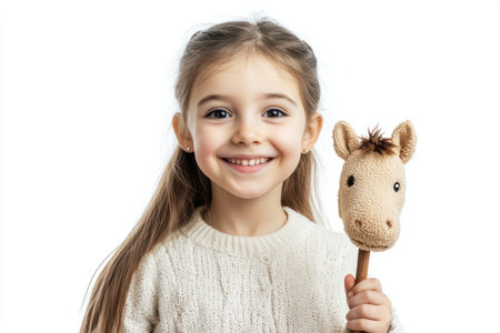 Happy young girl holding a soft hobby horse toy against a clean white background, enjoying playful pretend riding fun.の素材
