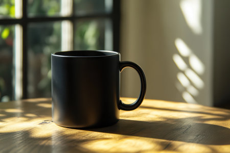 Minimalist black ceramic mug mockup placed on a wooden table with a soft window shadow, perfect for branding or product design.の素材
