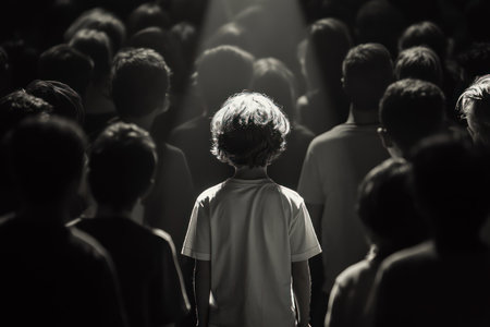 Emotional scene of a small, frightened child standing alone in a crowd of adults, illuminated by a dramatic spotlight symbolizing isolation.の素材