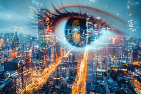 Conceptual visual of AI-driven analysis of human eye perception in a futuristic digital environment, focusing on tech and innovation.の素材