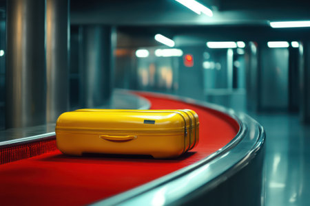 Bright yellow suitcase rotates on red airport carousel, capturing travel logistics, airline journeys, and luggage claims.の素材