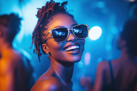 Laughing Black woman in sunglasses enjoys music and dance at vibrant nightclub, capturing nightlife, joy, and confidence.の素材
