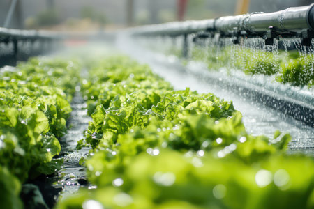 Automated sprinkler sprays fresh lettuce in hydroponic farm, showing sustainable agriculture, water efficiency, and green farming.の素材