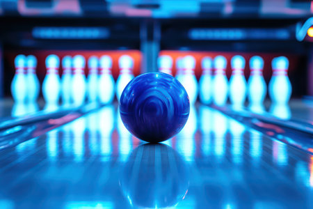 Exciting moment of bowling strike captured with glowing lights, motion blur, and fun indoor sports energy.の素材