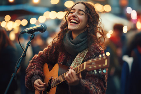 Smiling female guitarist performs joyfully at lively outdoor event with glowing lights, capturing musical energy and public celebration.の素材