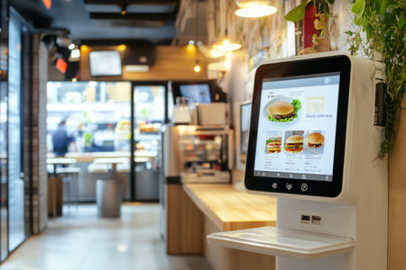 Modern self-service touchscreen system for ordering meals in a clean fast food setting, ideal for digital retail concepts.の素材
