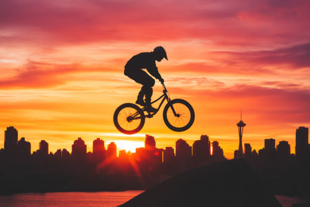 Extreme sports moment as BMX biker performs stunt during golden hour, capturing action, freedom, and urban energy.の素材